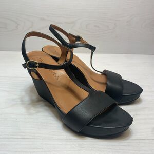 L'Amour Des Pieds T-Strap Wedge Sandals Women's‎ Size 9.5 Black Leather Idelle